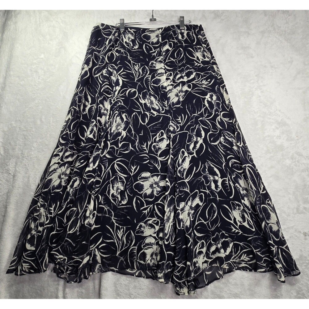 Lauren Ralph Lauren Skirt 12 Blue White Floral Chiffon Midi Whimsigoth Y2K Silk